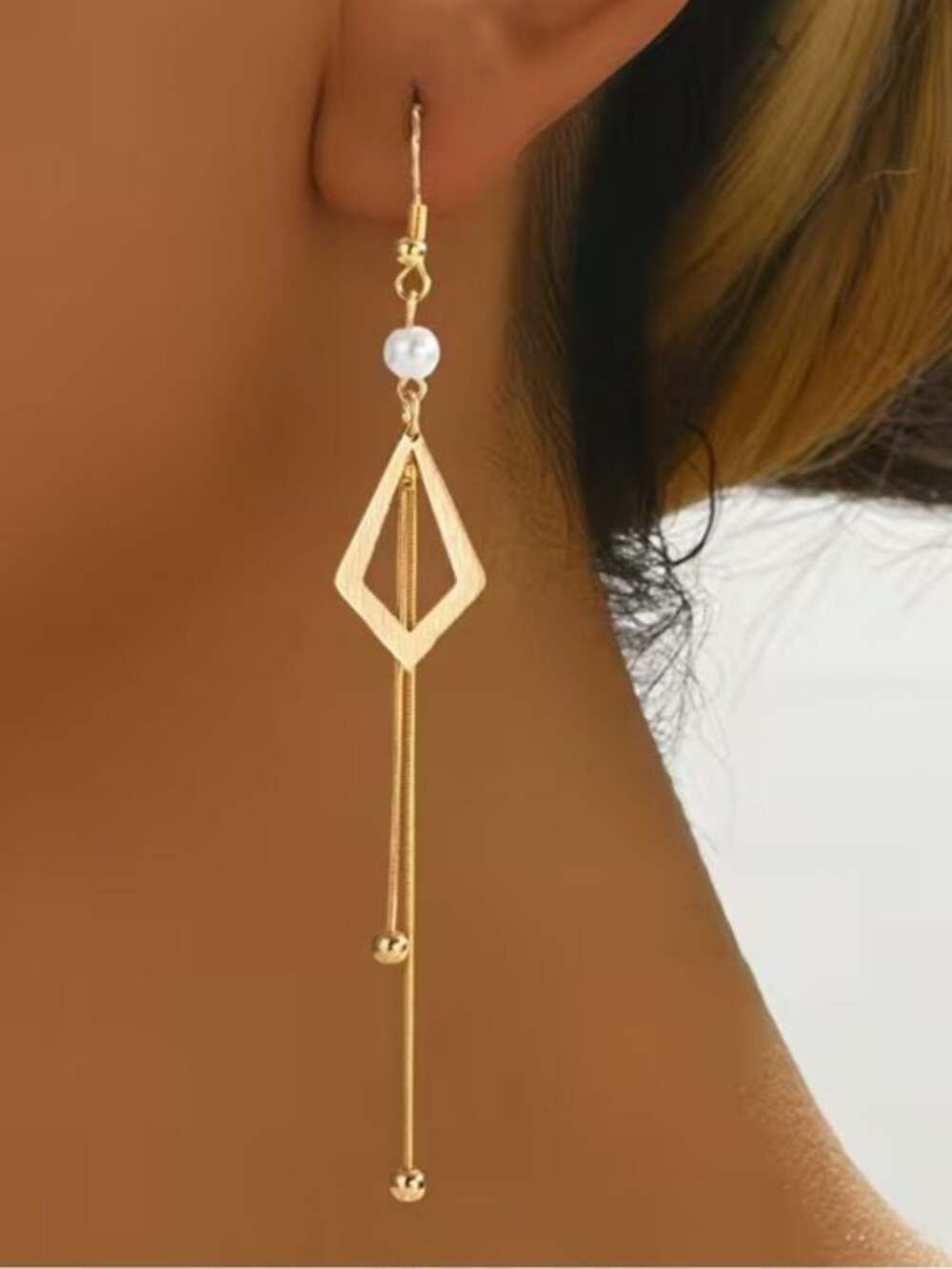 Gold Geometric Drop Earrings with Pearl Accent - Picture 5 of 5